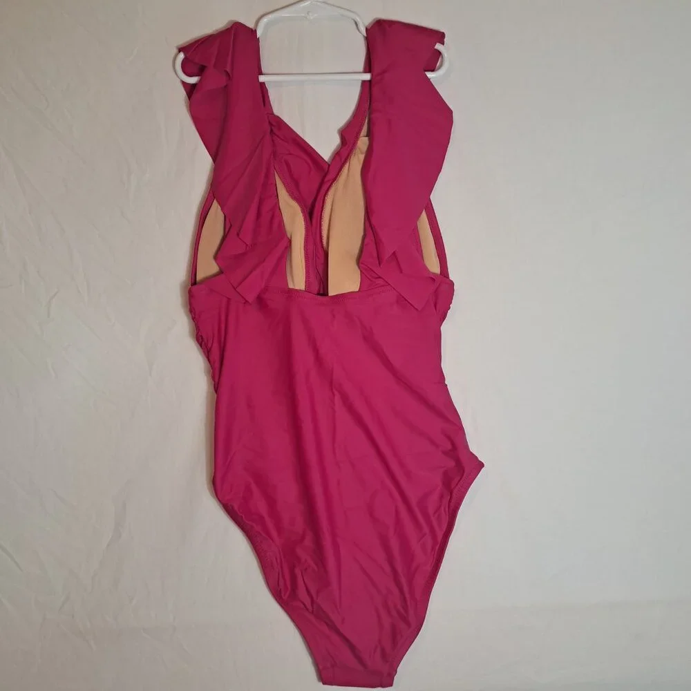 J. Crew One Piece Swimsuit SIze 12 Ruched V Neck Ruffled‎ Hot Pink Fuchsia New